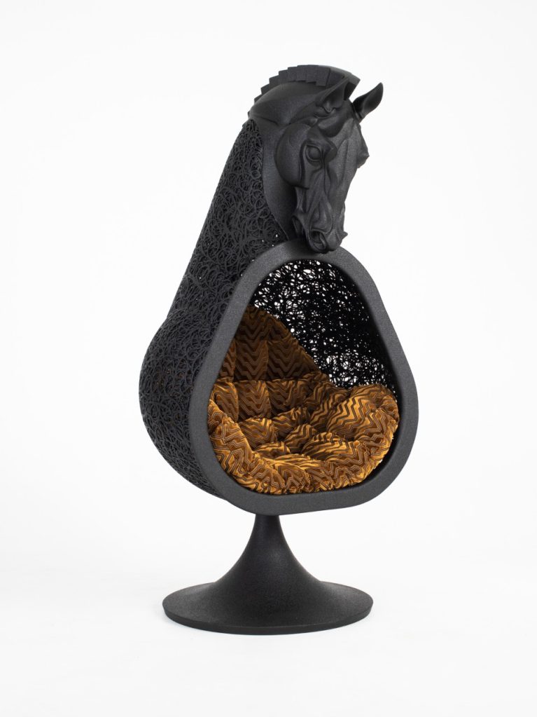 Bucifal basalt sculptural throne black gold.